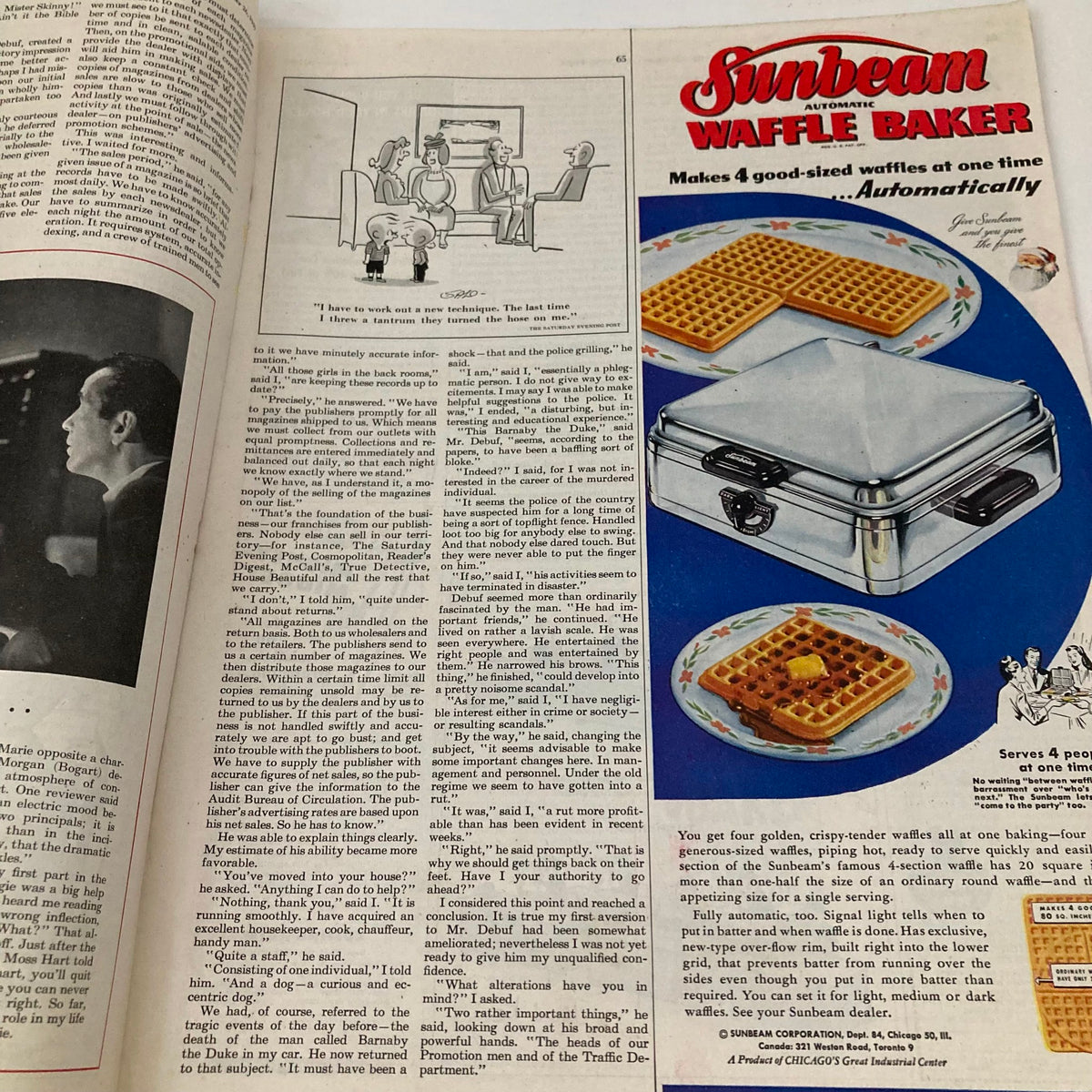 Interior page featuring an advertisement for the Sunbeam Waffle Baker in the Saturday Evening Post Magazine dated November 26, 1949.