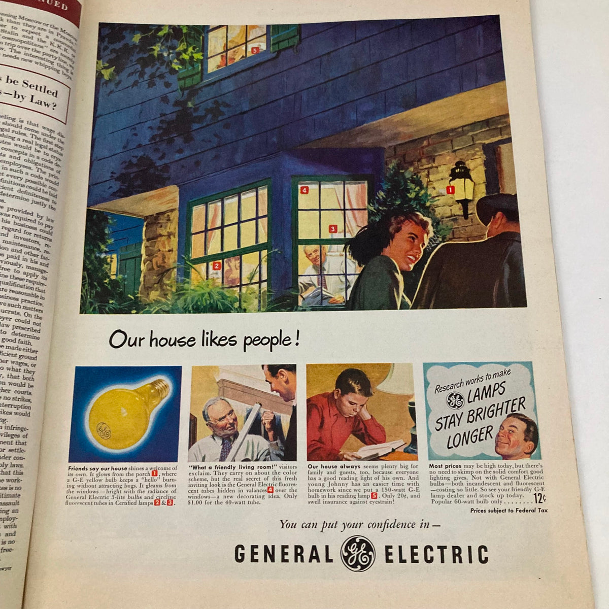 Advertisement page from the Saturday Evening Post Magazine July 16, 1949, promoting General Electric products with a vibrant illustration and a tagline about homes welcoming people.