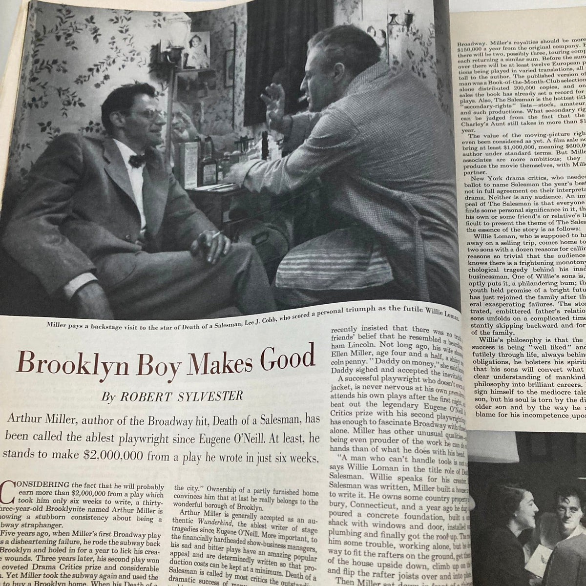 Article featuring Arthur Miller's backstage visit with Lee J. Cobb in Saturday Evening Post Magazine July 16 1949, titled 'Brooklyn Boy Makes Good'.