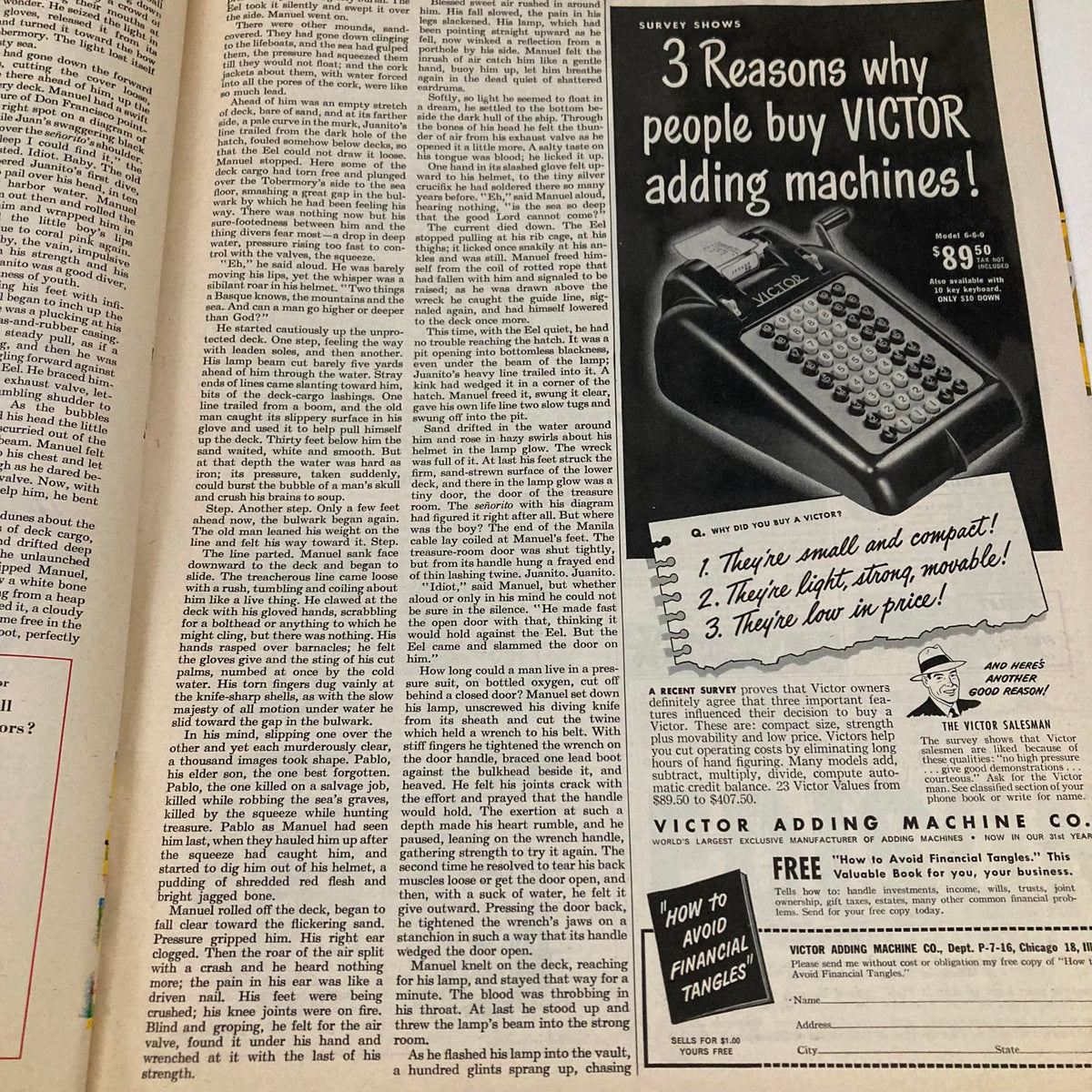 Page from Saturday Evening Post Magazine July 16 1949 featuring an ad for Victor adding machines, highlighting their compact design.