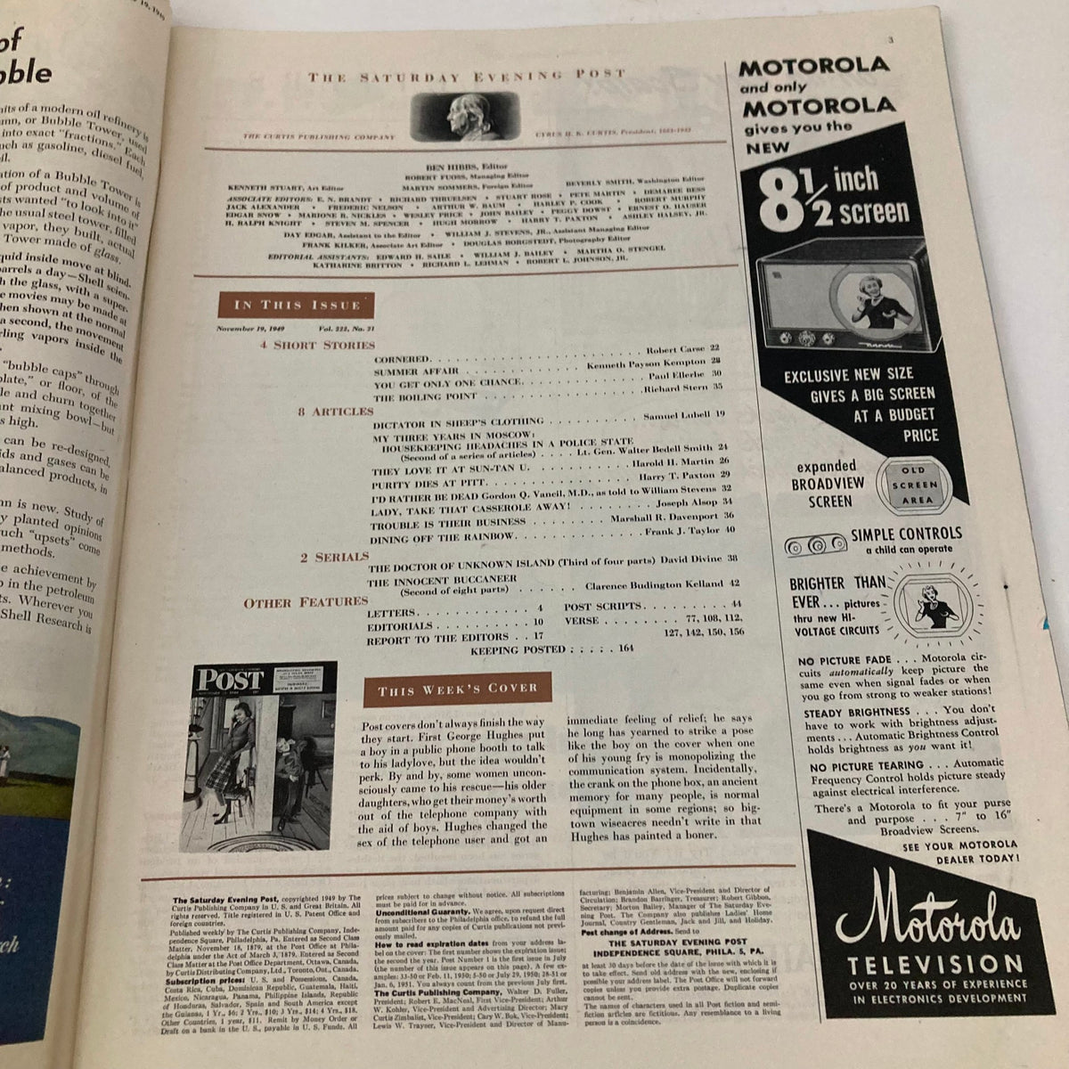 Inside page of Saturday Evening Post Magazine November 19, 1949 displaying the table of contents and features of the issue.