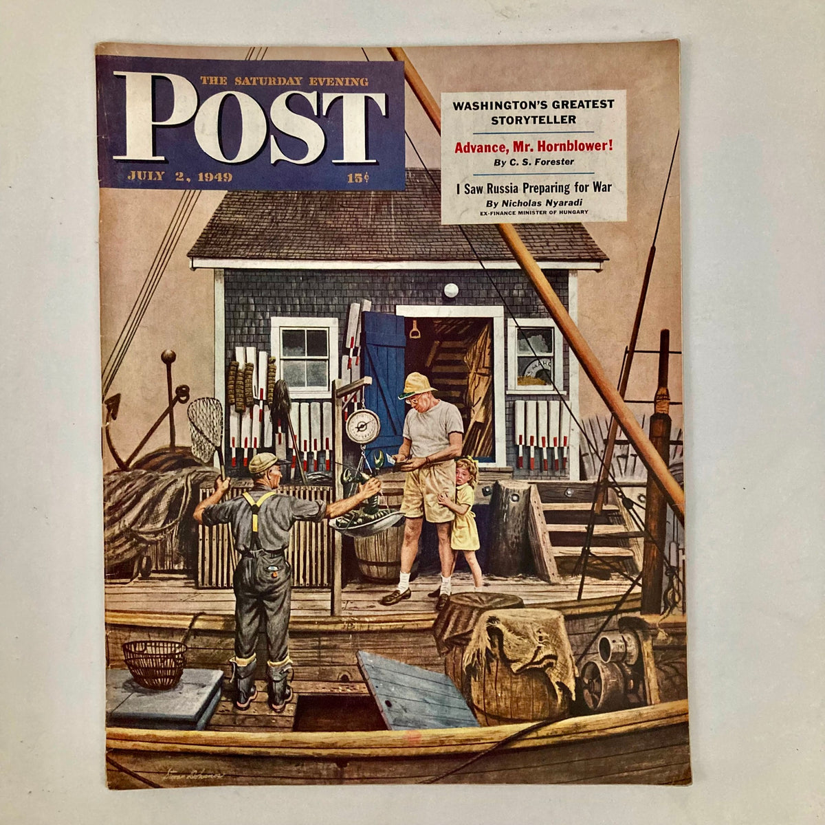 Cover of Saturday Evening Post Magazine July 2 1949 by Ernest Mayhew Dohanos, showcasing a nostalgic scene of fishermen on a dock with fishing gear.