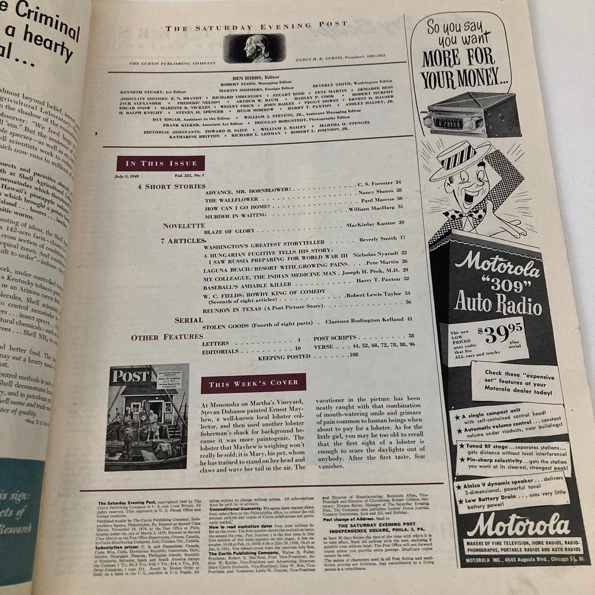 Inside page of Saturday Evening Post Magazine July 2 1949 featuring the table of contents and advertisements, highlighting articles and features from the issue.
