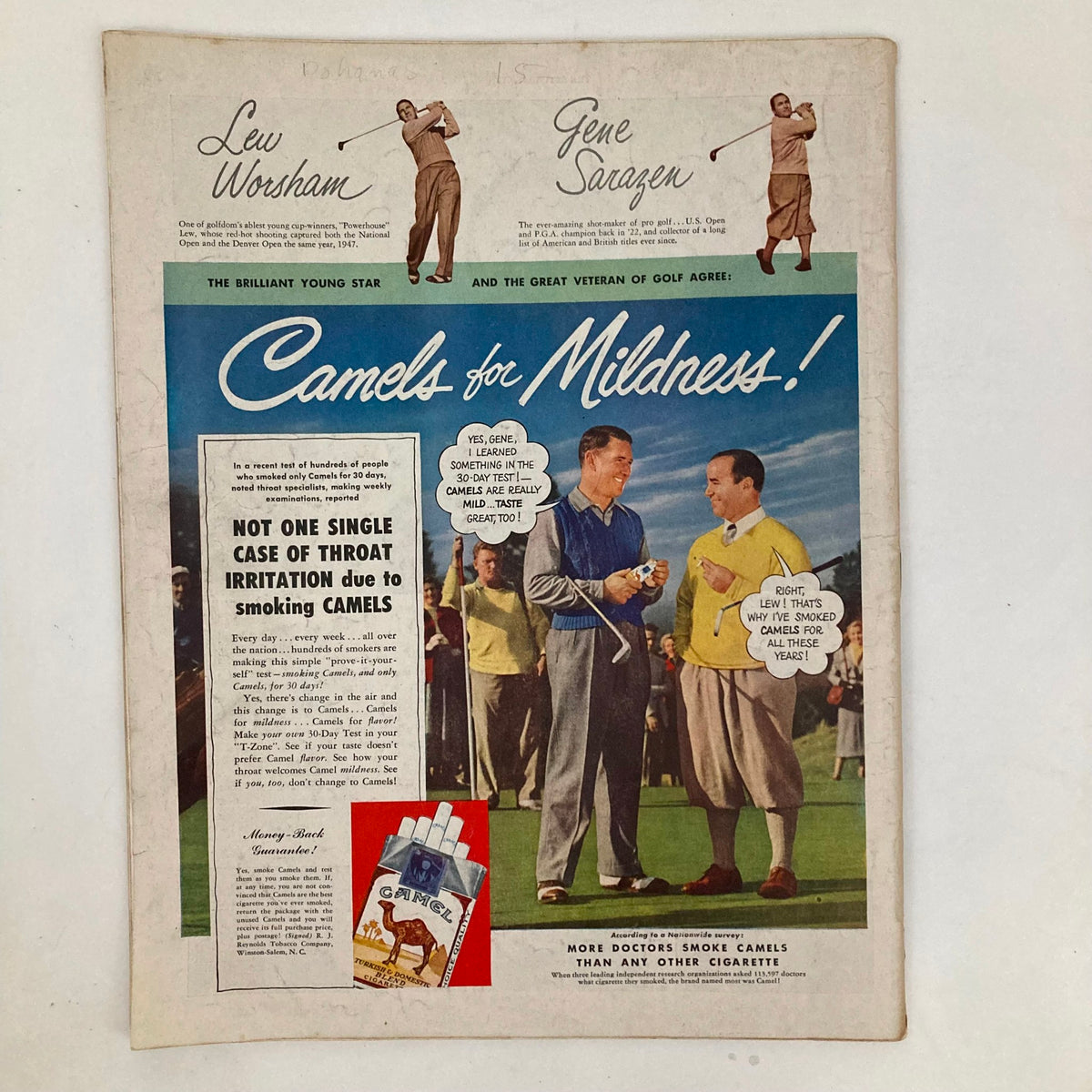 Vintage advertisement from Saturday Evening Post Magazine July 2 1949 featuring golfers Lew Worsham and Gene Sarazen promoting Camels cigarettes, emphasizing their mildness.