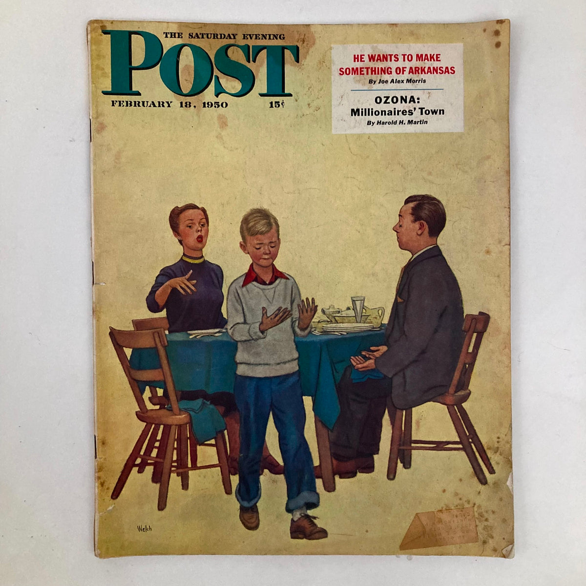 Cover of Saturday Evening Post Magazine, February 18, 1950, featuring a Supper Table illustration by Welch, depicting a vintage dining scene with children and adults.