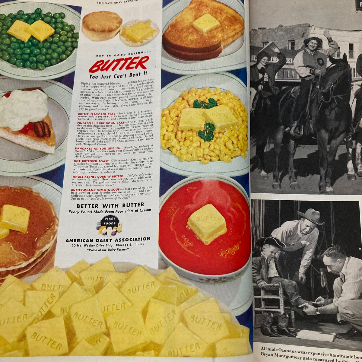 Advertisement page from Saturday Evening Post Magazine, February 18, 1950, highlighting the uses of butter in various dishes, demonstrating vintage food marketing.