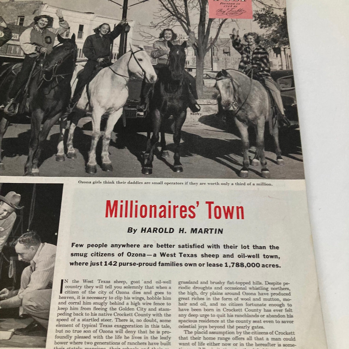 Editorial page from Saturday Evening Post Magazine, February 18, 1950, featuring an article about Millionaires' Town in Ozona, Texas, with accompanying historical imagery.