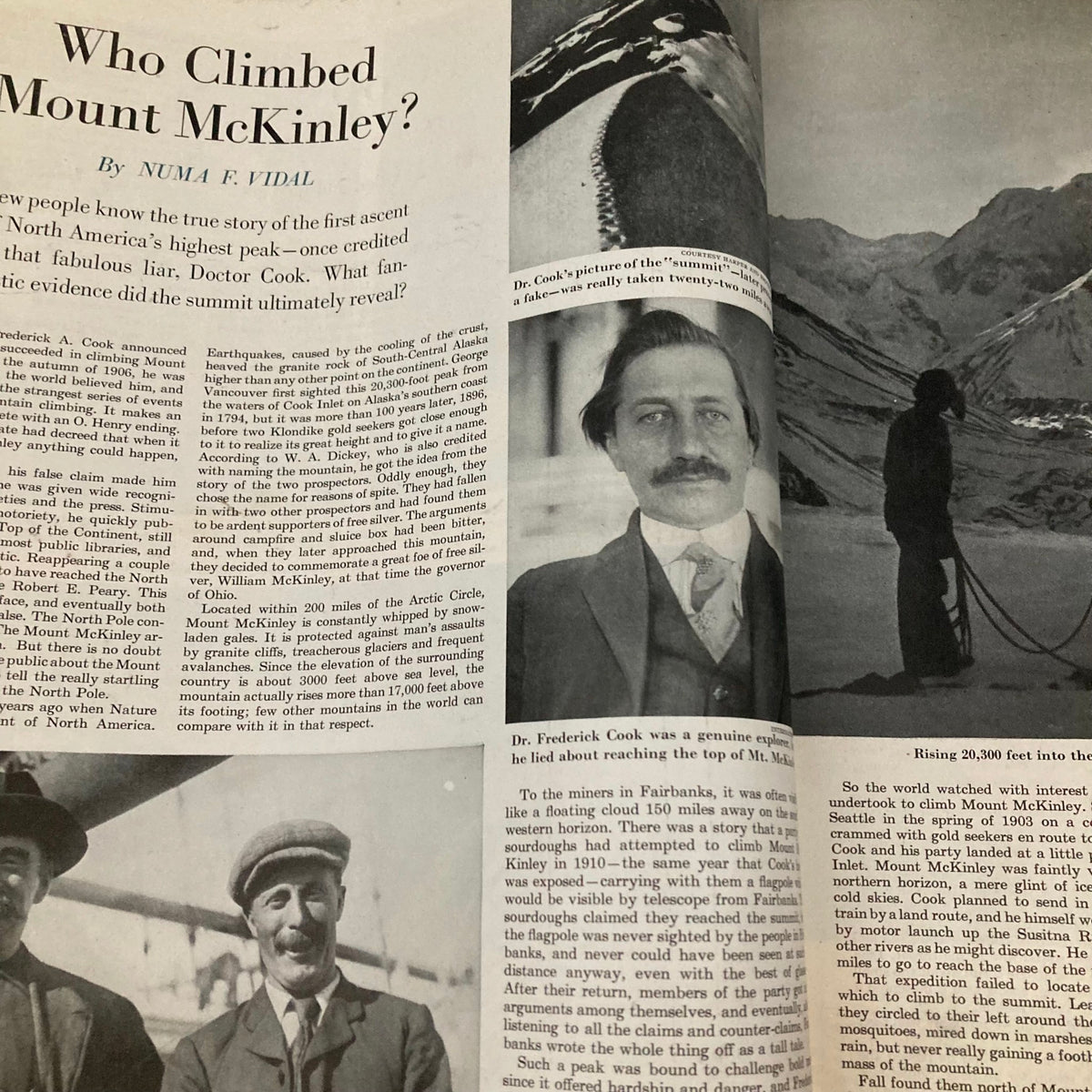 Article titled 'Who Climbed Mount McKinley?' from the Saturday Evening Post Magazine February 18 1950, detailing the first ascent of the peak and featuring images of historical figures associated with the climb.