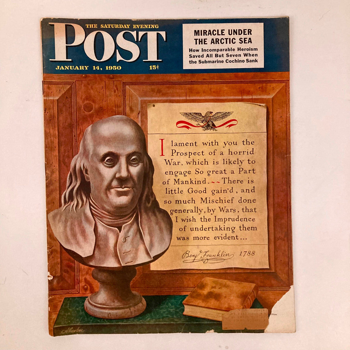 Cover of Saturday Evening Post Magazine January 14 1950 featuring a bust of Benjamin Franklin and an inscription about the horrors of war.