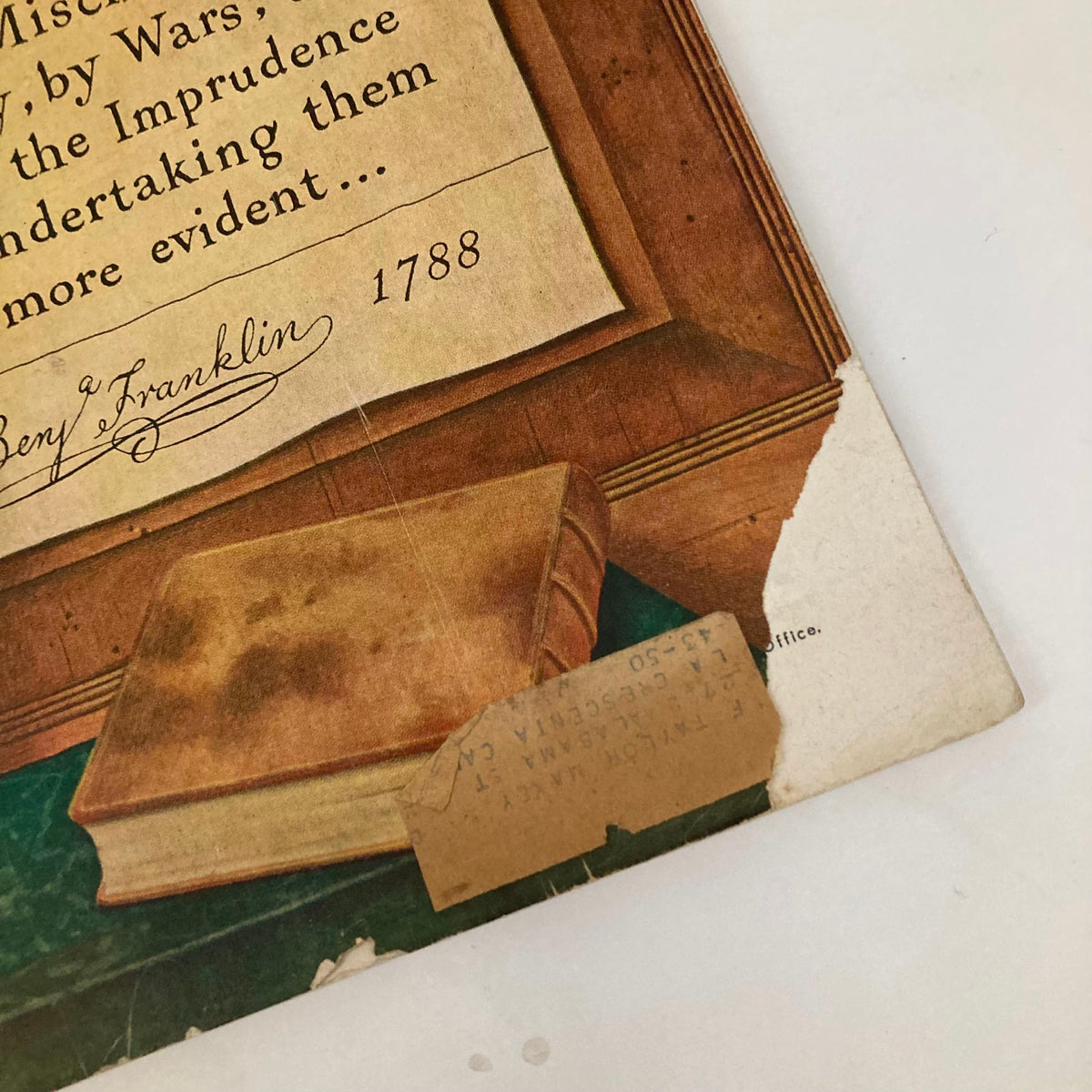 Close-up of the inscription from the Saturday Evening Post Magazine January 14 1950, featuring text attributed to Benjamin Franklin, with a partially torn corner.