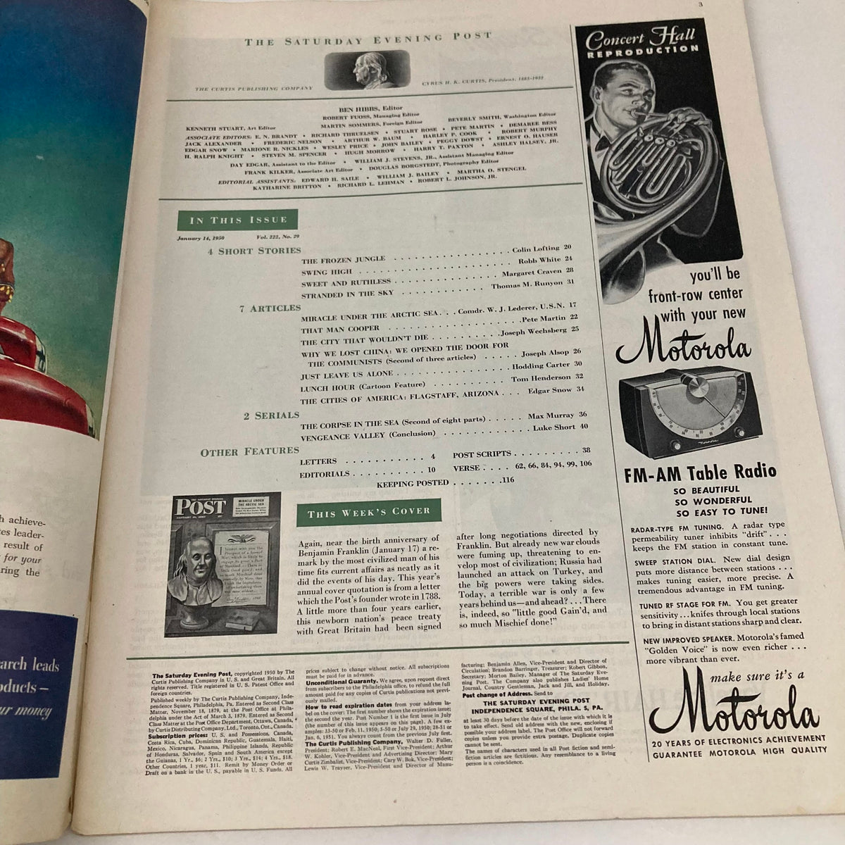 Interior page of Saturday Evening Post Magazine January 14 1950 displaying the table of contents and articles featured in that issue.