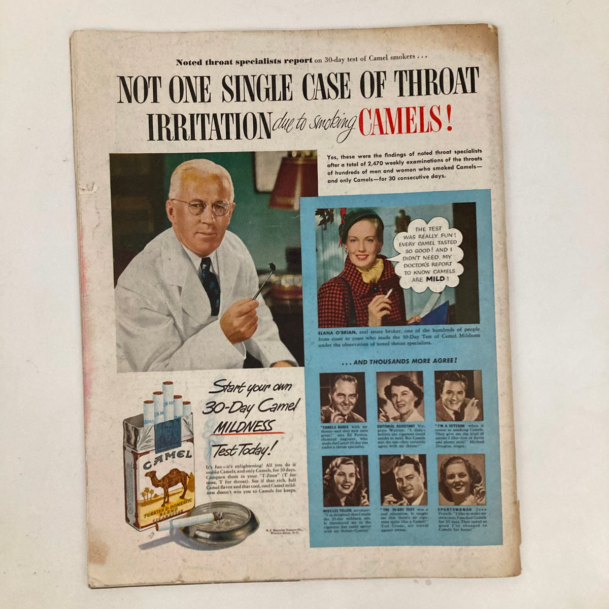 Saturday Evening Post Magazine January 14 1950 advertisement for Camel cigarettes, featuring a doctor and testimonials about throat irritation related to smoking.