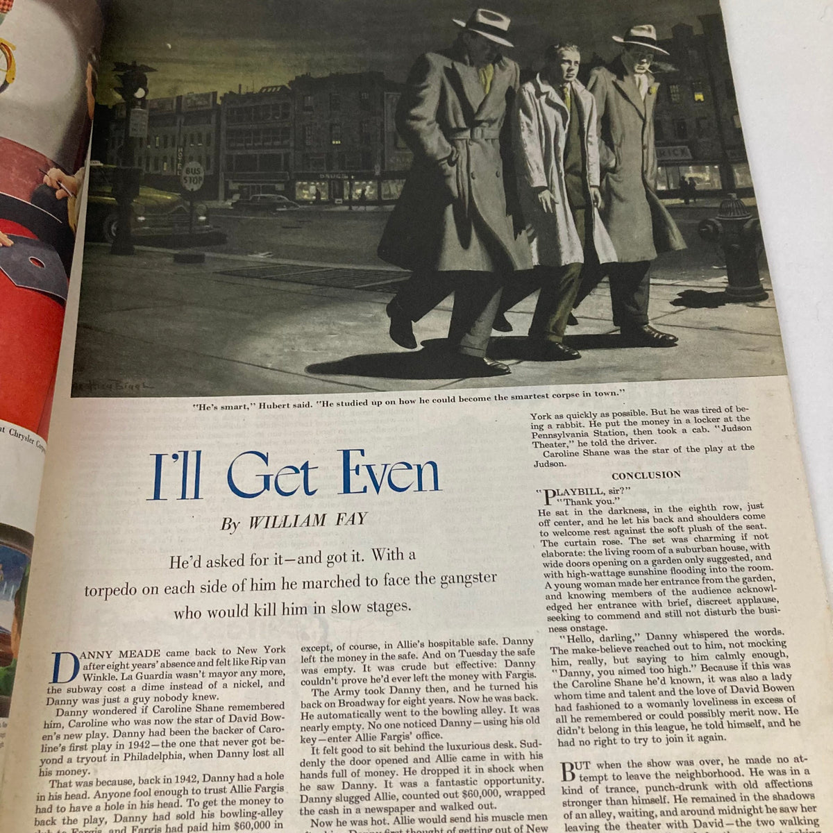 Inside page of the Saturday Evening Post Magazine July 22, 1950, featuring the story 'I'll Get Even' by William Fay with a dramatic illustration of three men in hats walking on a city street.