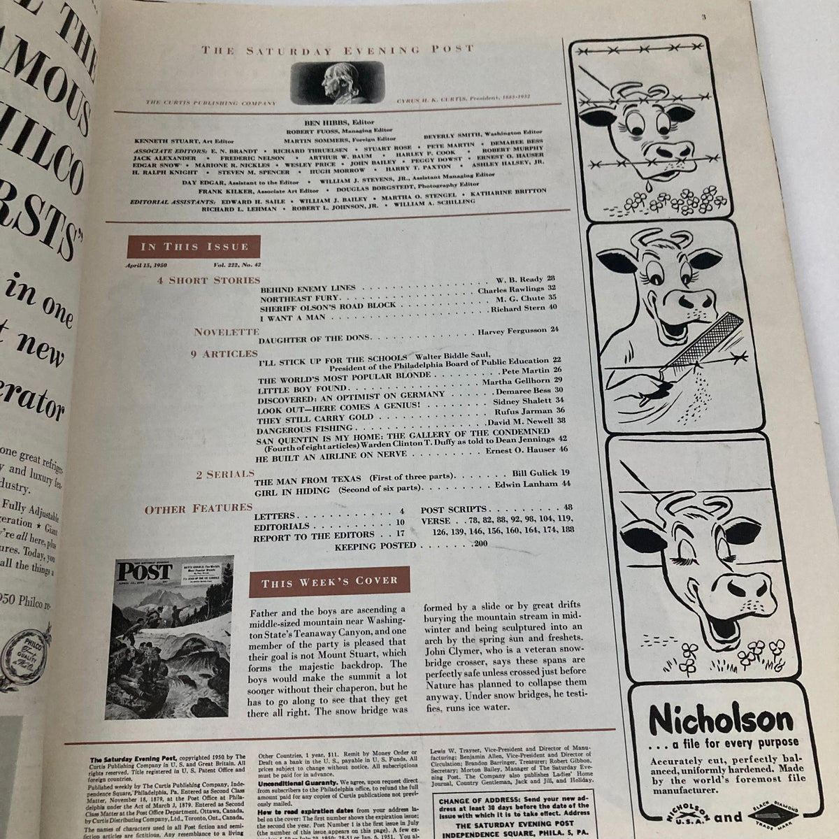Inside page of Saturday Evening Post Magazine from April 15, 1950, featuring articles and illustrations, showcasing the magazine's nostalgic charm.