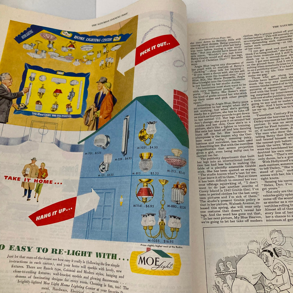 Advertisement page from Saturday Evening Post Magazine April 15, 1950, displaying various lighting fixtures in an illustrated setting.