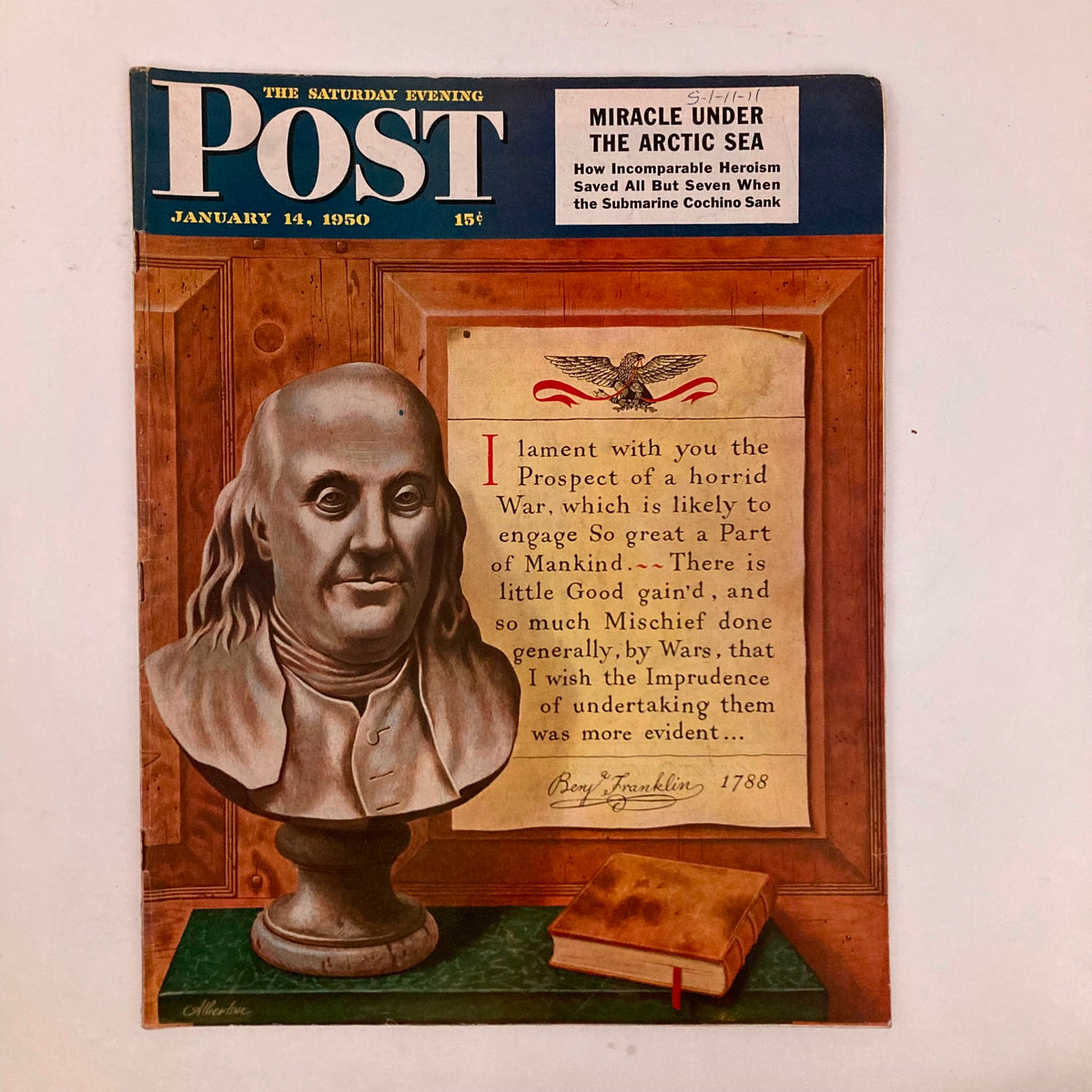 Cover of Saturday Evening Post Magazine January 14, 1950 featuring a portrait of Ben Franklin and an excerpt from his writings.