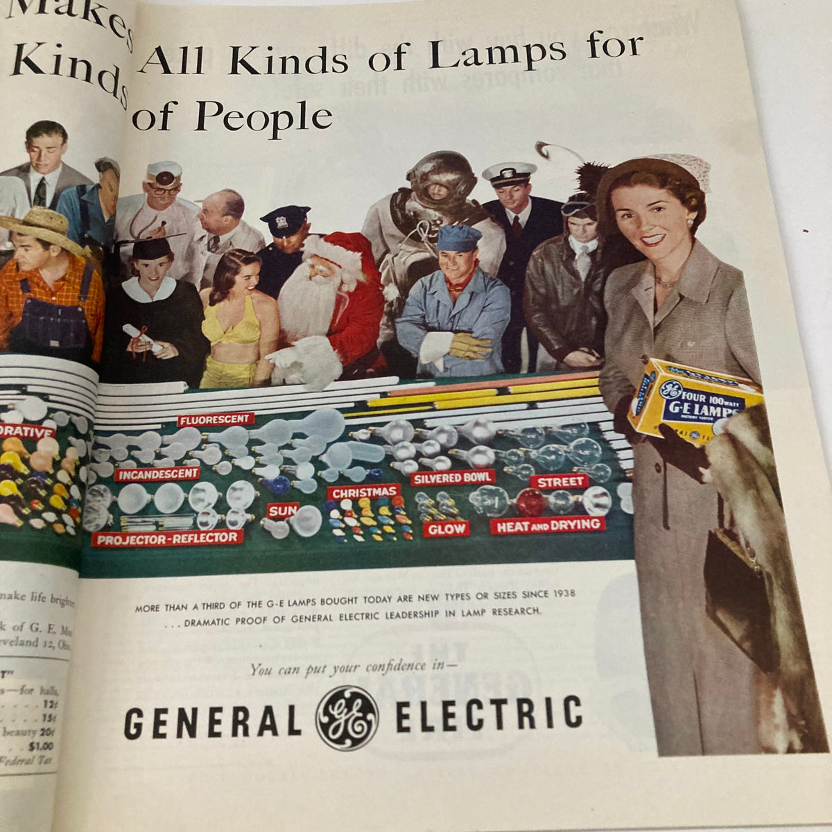 Interior page from the magazine featuring a colorful advertisement for General Electric lamps titled 'Makes All Kinds of Lamps for All Kinds of People' in the Saturday Evening Post Magazine from January 14, 1950.