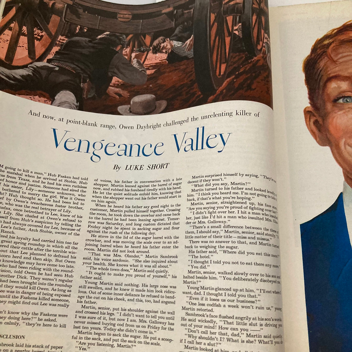 An article titled 'Vengeance Valley' by Luke Short, featuring a dramatic illustration, from the Saturday Evening Post Magazine January 14, 1950.