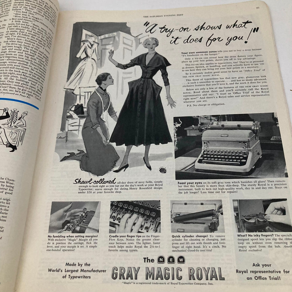 An advertisement for the new Gray Magic Royal typewriter, encouraging readers to try it on, from the Saturday Evening Post Magazine January 14, 1950.