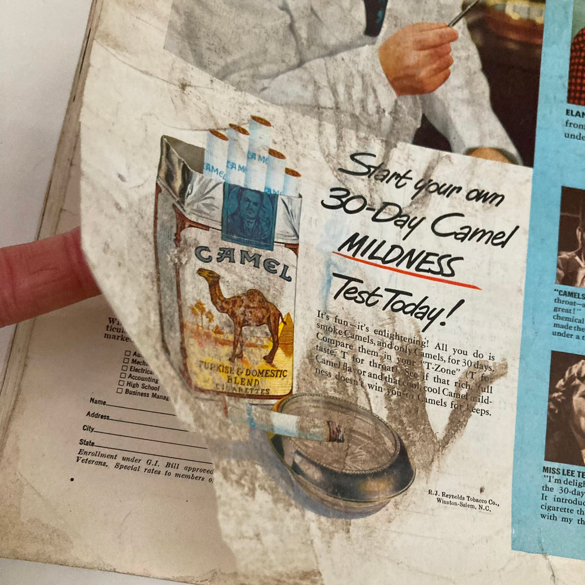 Close-up view of the Camel cigarette advertisement's details promoting a teaching program about mildness and featuring a doctor, from the Saturday Evening Post Magazine January 14, 1950.