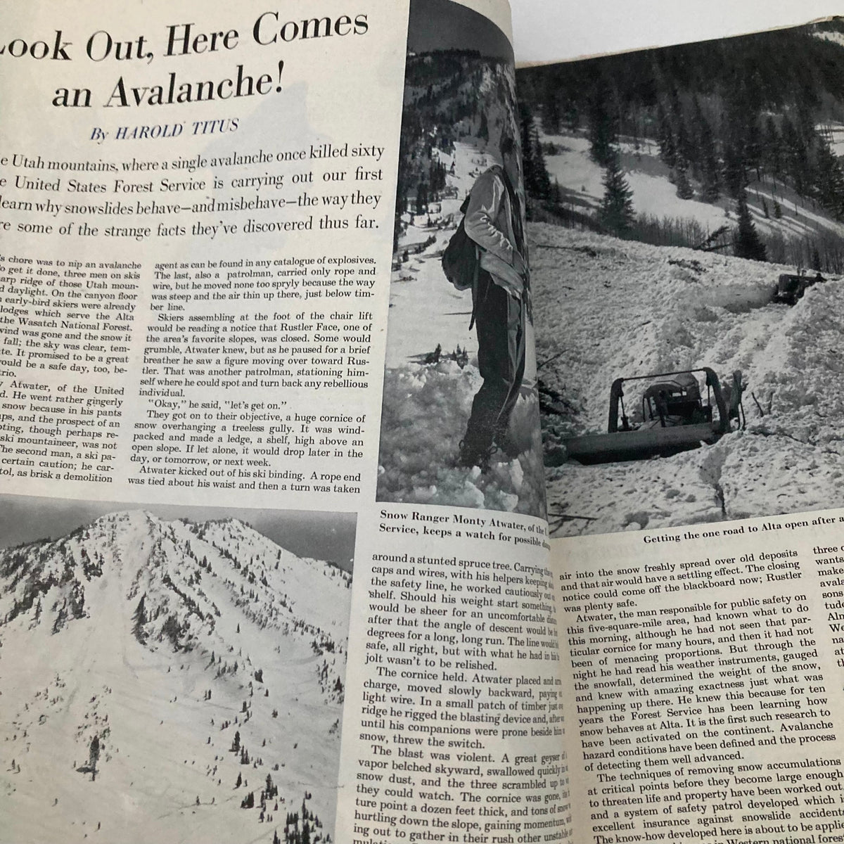 Article page from the Saturday Evening Post Magazine January 7, 1950, with a story titled 'Look Out, Here Comes an Avalanche!', featuring images and text about snow safety.