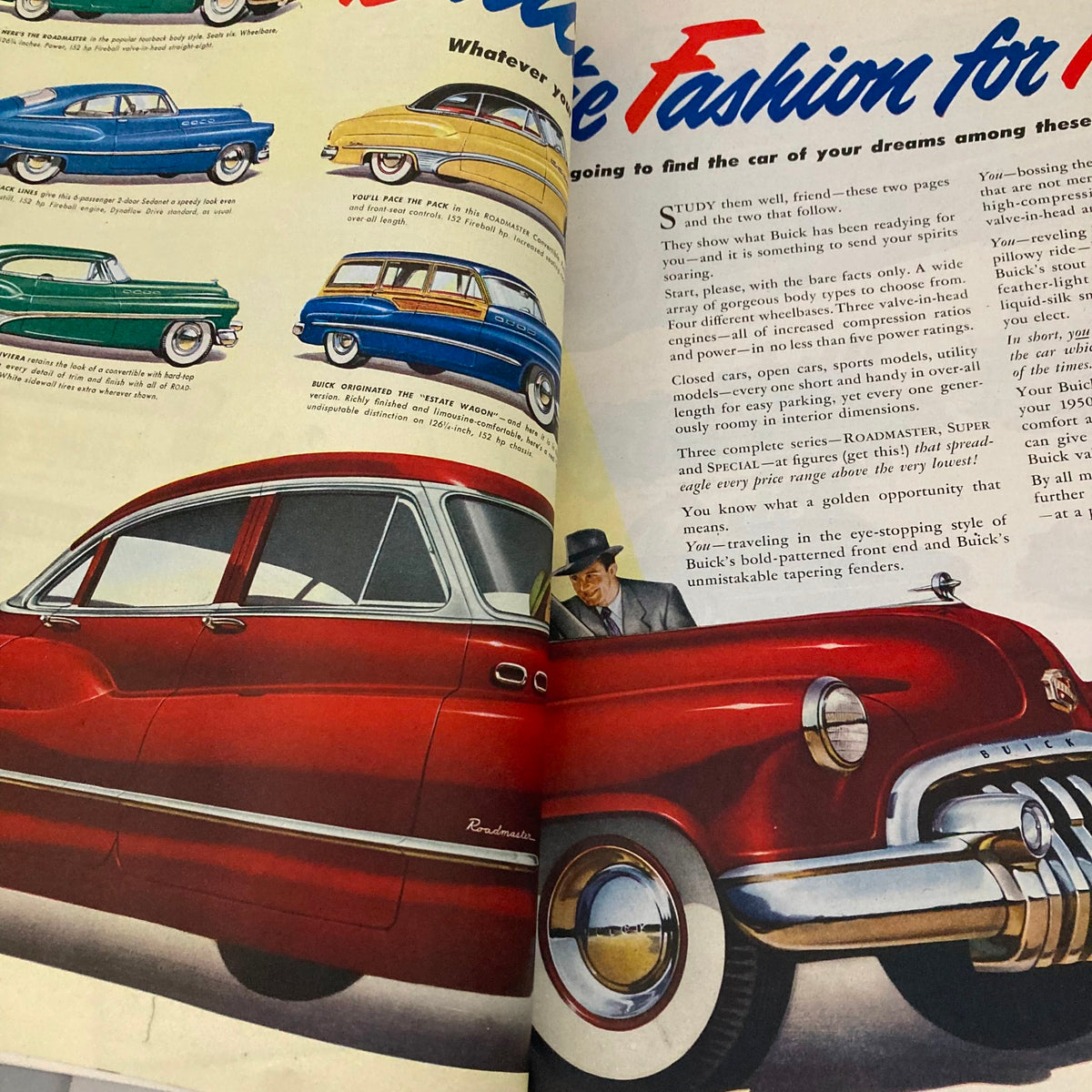 An advertisement for Buick cars in the Saturday Evening Post Magazine January 7, 1950, displaying various colorful car models including a striking red car, capturing the automotive design trends of the era.