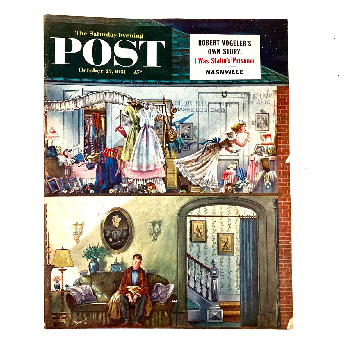 Cover of Saturday Evening Post Magazine from October 27, 1951, featuring vibrant artwork titled 'Woman Upstairs' by artist Alajalov, showcasing a vintage interior scene with people and decor.