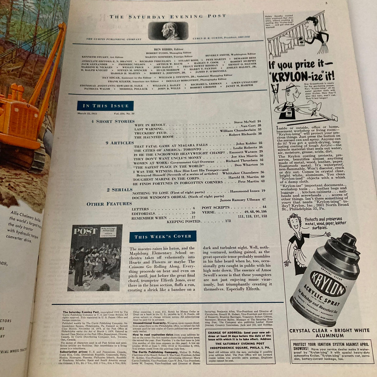 Interior page from the Saturday Evening Post Magazine March 22, 1952, highlighting contents with articles and features alongside a vintage advertisement.
