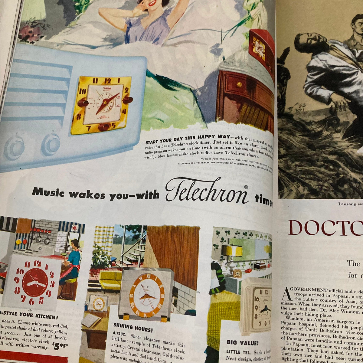Saturday Evening Post Magazine March 22 1952 page showcasing vintage Telechron clocks advertisements highlighting 1950s home decor.