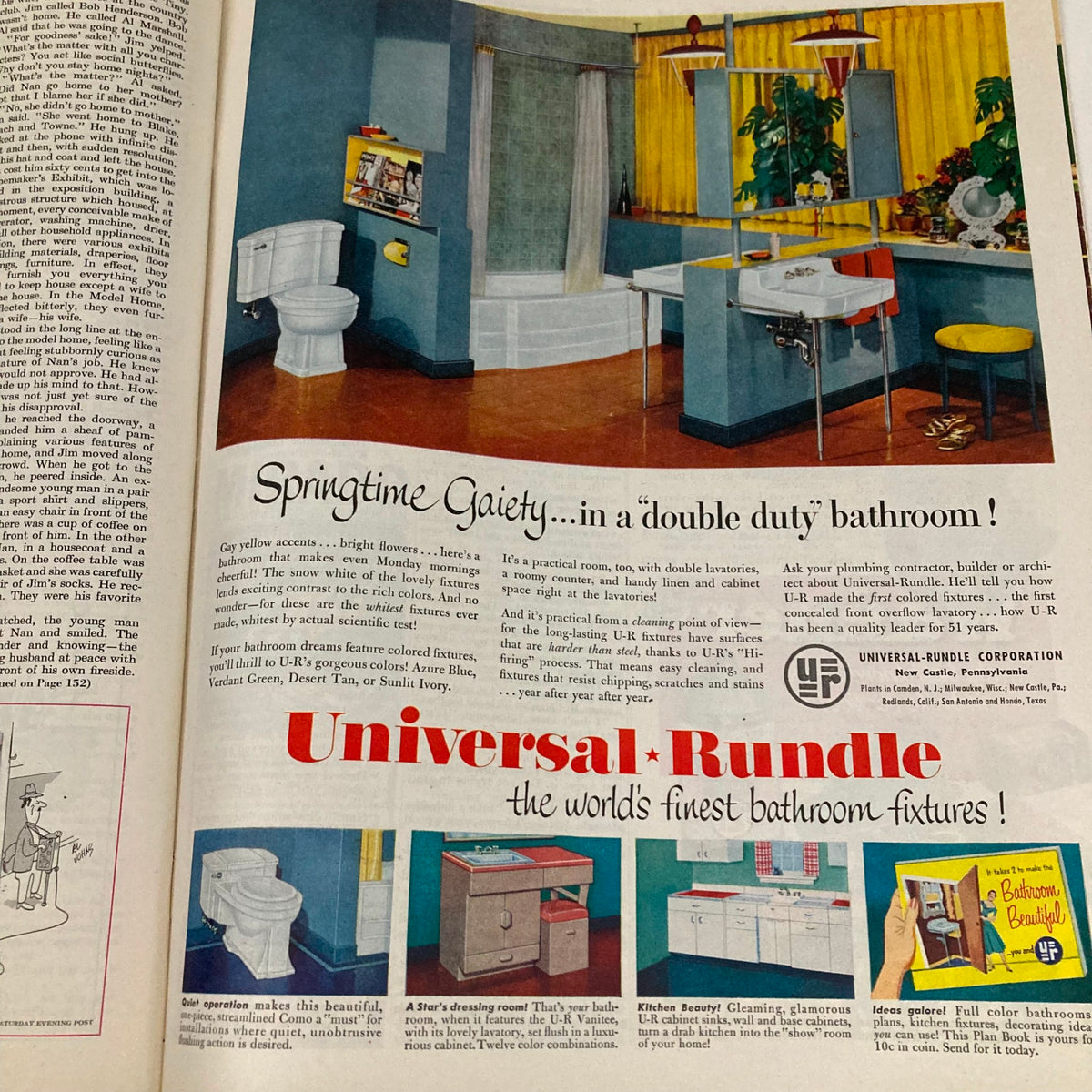 Saturday Evening Post Magazine March 22 1952 featuring a colorful advertisement for Universal-Rundle bathroom fixtures, showcasing mid-century design.
