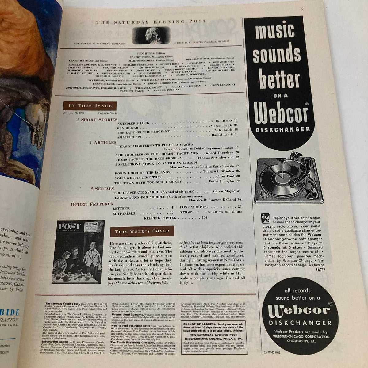 Inside page of Saturday Evening Post Magazine January 12, 1952 displaying the table of contents along with articles and features, highlighting the magazine's vintage charm.