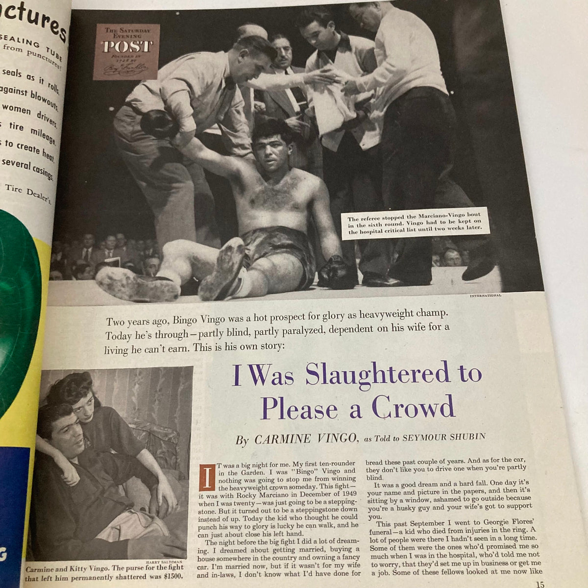 Saturday Evening Post Magazine January 12 1952, featuring a boxing scene with Bingo Vingo as the main subject and audience members observing the match, capturing the essence of 1950s sports culture.