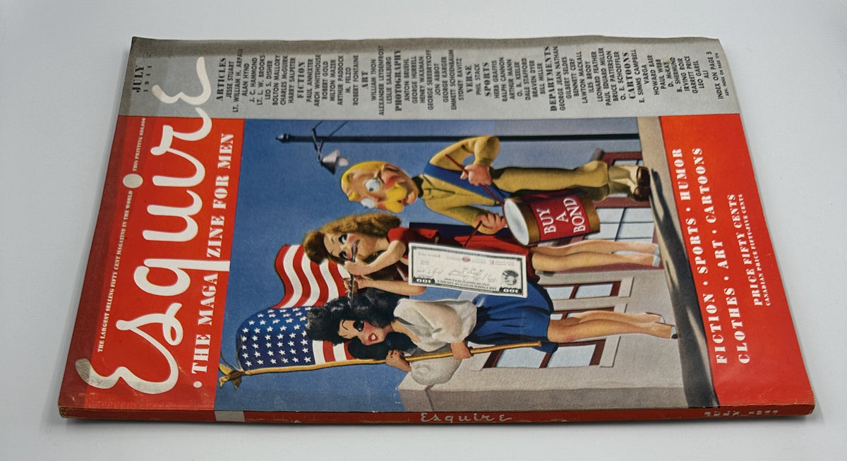 Esquire Magazine July 1944 cover featuring an illustration of a man and women celebrating with an American flag. The title 'Esquire - The Magazine for Men' is prominently displayed.