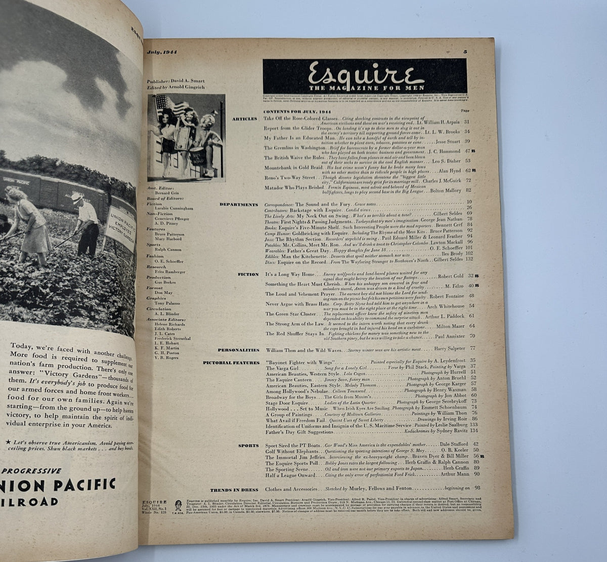 Interior page from Esquire Magazine July 1944 showing the table of contents, detailing various articles and features including humor, fiction, and fashion topics.