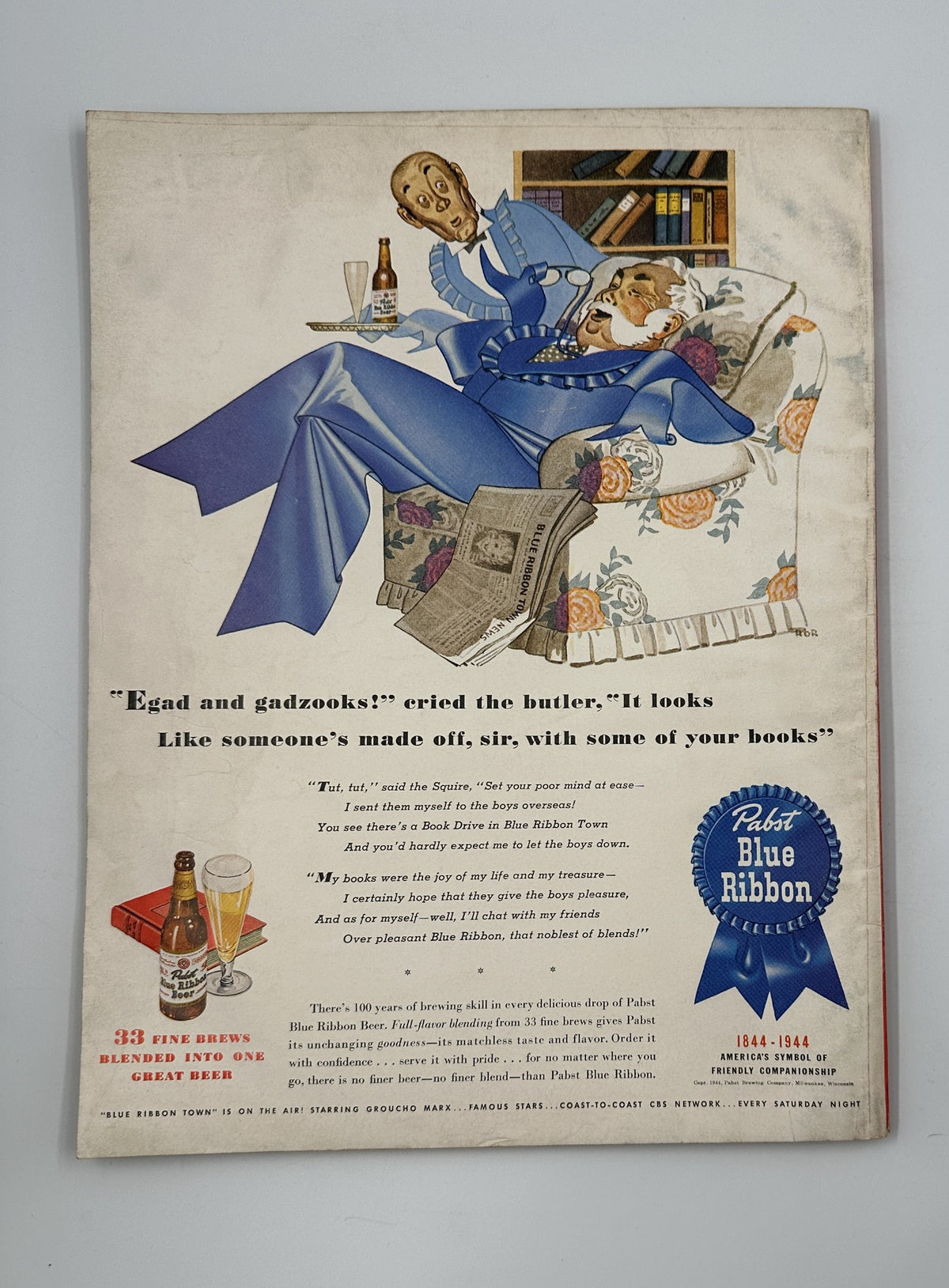 Illustration from Esquire Magazine July 1944 featuring a humorous scene with a butler exclaiming about books, highlighting the vintage artwork style of the pinup era, as seen in the foldout Varga Leydenfrost Bayonet Fighter.