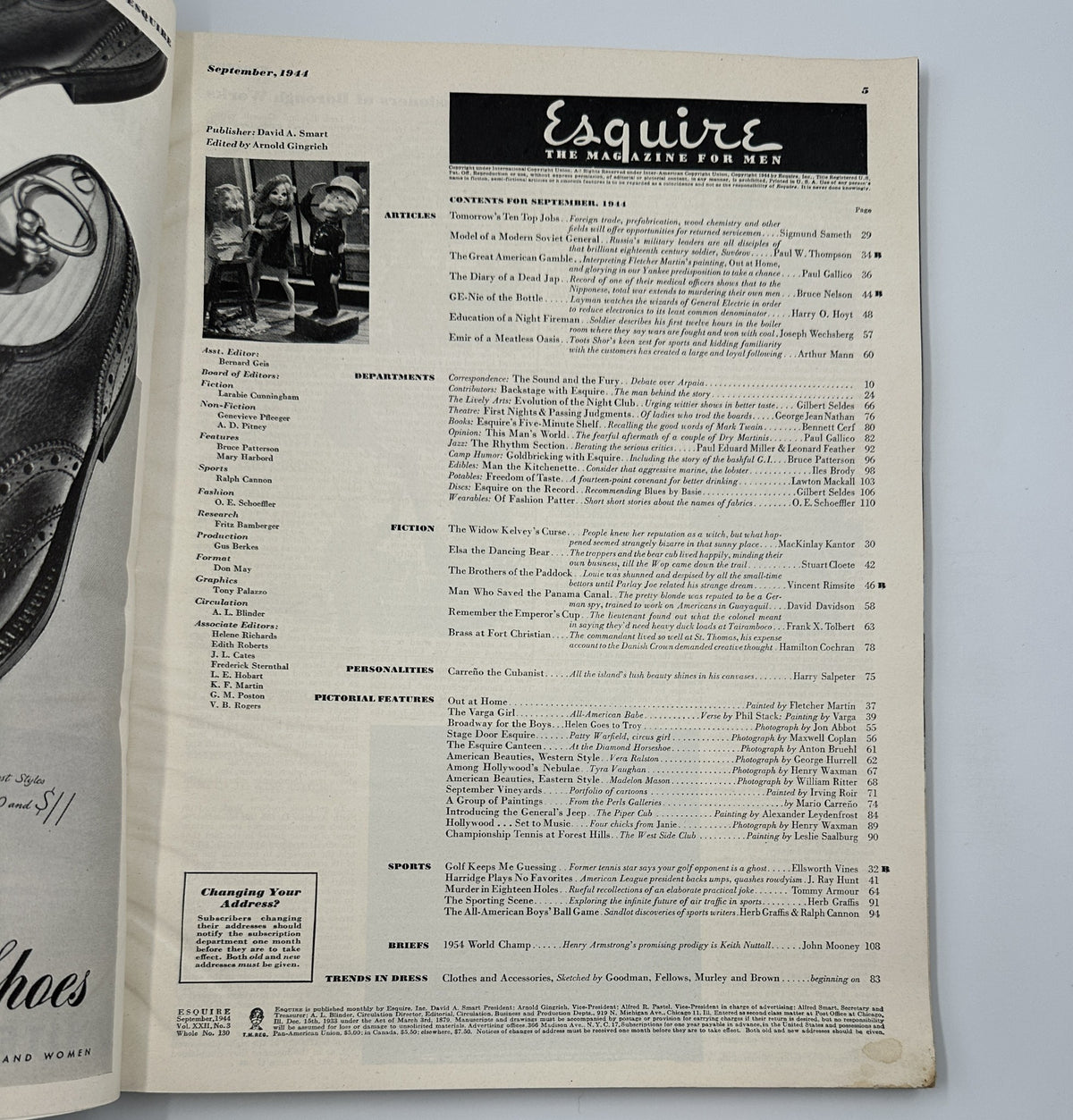 Inside page of Esquire Magazine September 1944 displaying the table of contents, featuring various articles and illustrations, reflecting the diverse range of topics covered in this vintage men's magazine.