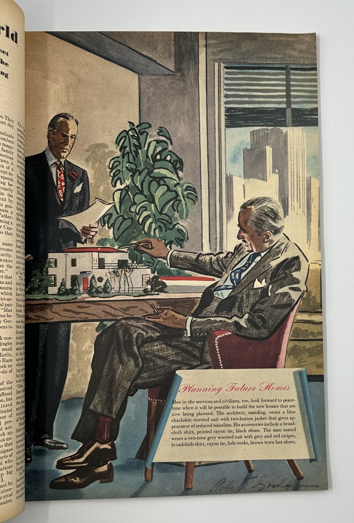 Esquire Magazine September 1944 presents an illustration of two businessmen discussing architectural plans while examining a miniature building model in a modern office setting.