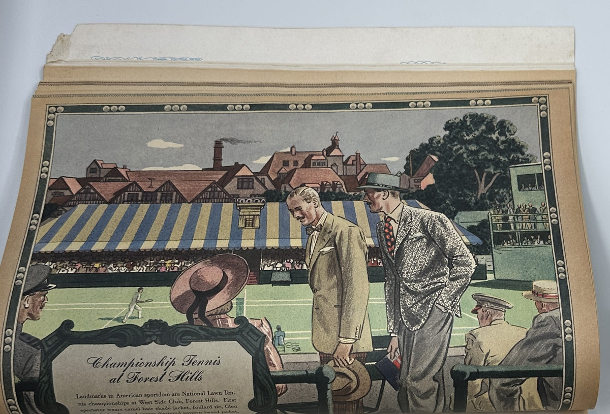 Esquire Magazine September 1944 includes a colorful depiction of a tennis match at Forest Hills, featuring fashionable spectators enjoying the game.