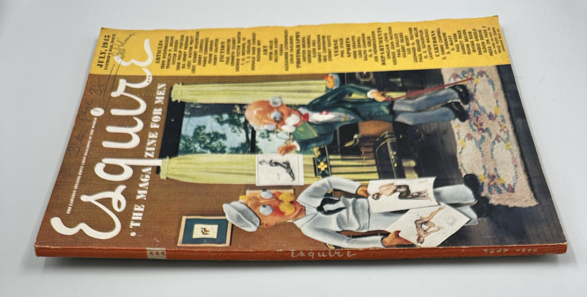 Esquire Magazine July 1945 angled view displaying its vibrant cover art and prominent title, illustrating the publication's focus on men's lifestyle.