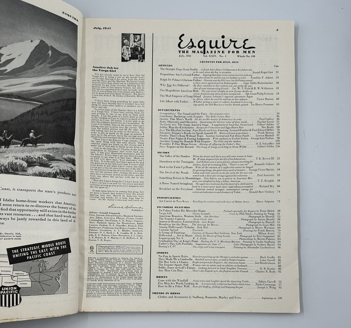 Inside page from Esquire Magazine July 1945 showcasing the table of contents, highlighting articles and features relevant to the issue.