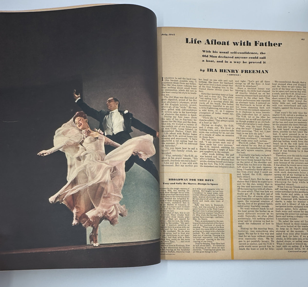 Inside page from Esquire Magazine July 1945 featuring the article 'Life Afloat with Father', coupled with a dramatic photograph of a dance performance.