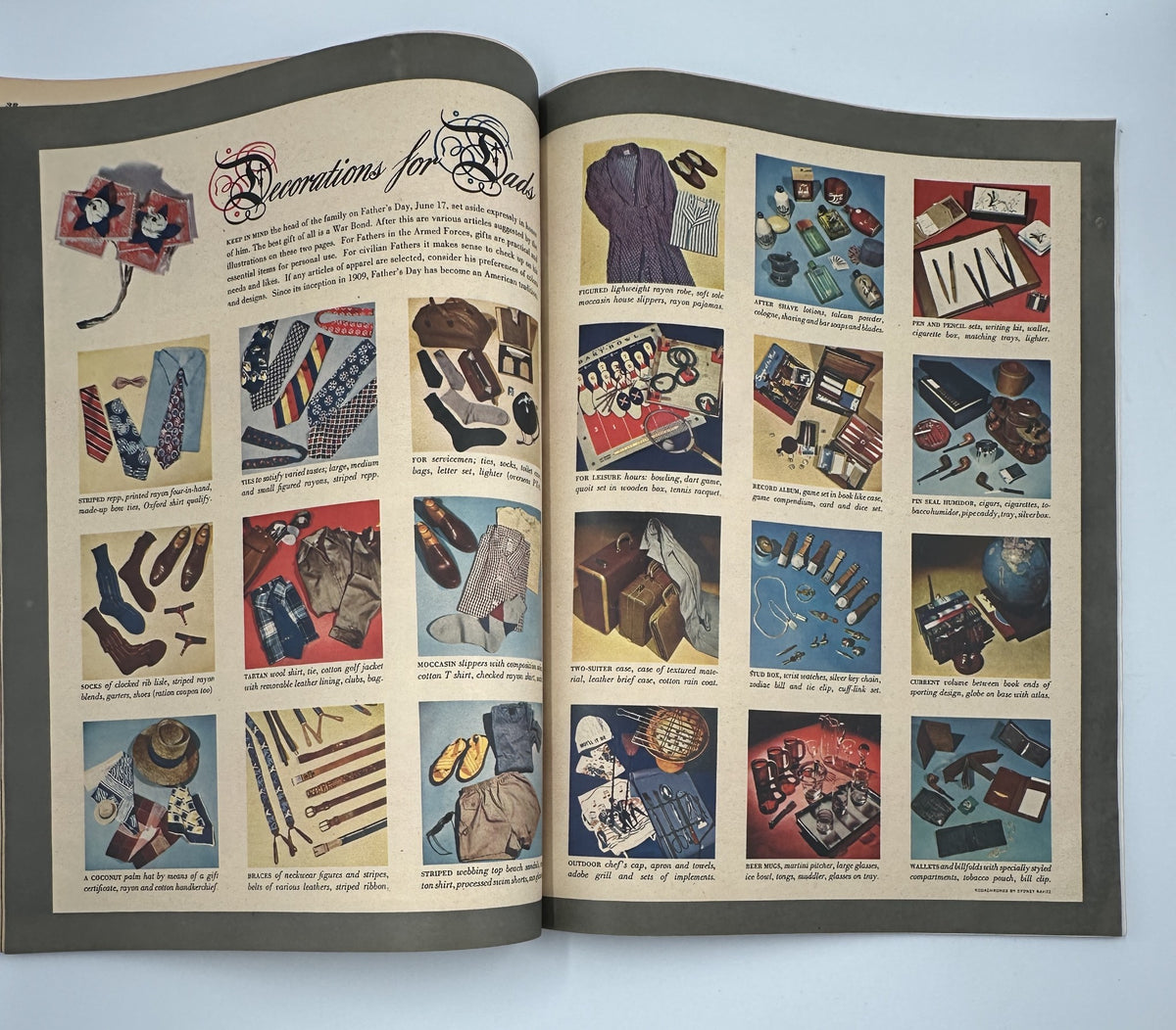 Esquire Magazine July 1945, Varga Foldout showcasing various gift items including accessories, clothing, and knick-knacks for men, featuring a vibrant color layout.