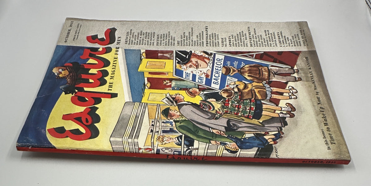 Esquire Magazine October 1945 showcasing the magazine's cover art, displaying children and adults engaged with the magazine 'The Gay Bachelor', and featuring article highlights on the spine.
