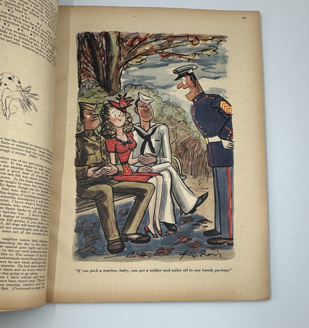 Illustration from Esquire Magazine October 1945, depicting a humorous scene with soldiers and a woman in a red dress, showcasing mid-20th century comic style.