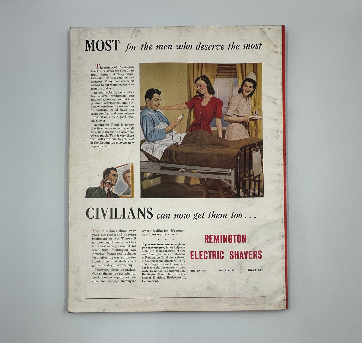 Advertisement in Esquire Magazine October 1945 for Remington electric shavers, featuring men and women in a domestic setting, emphasizing convenience for civilians.