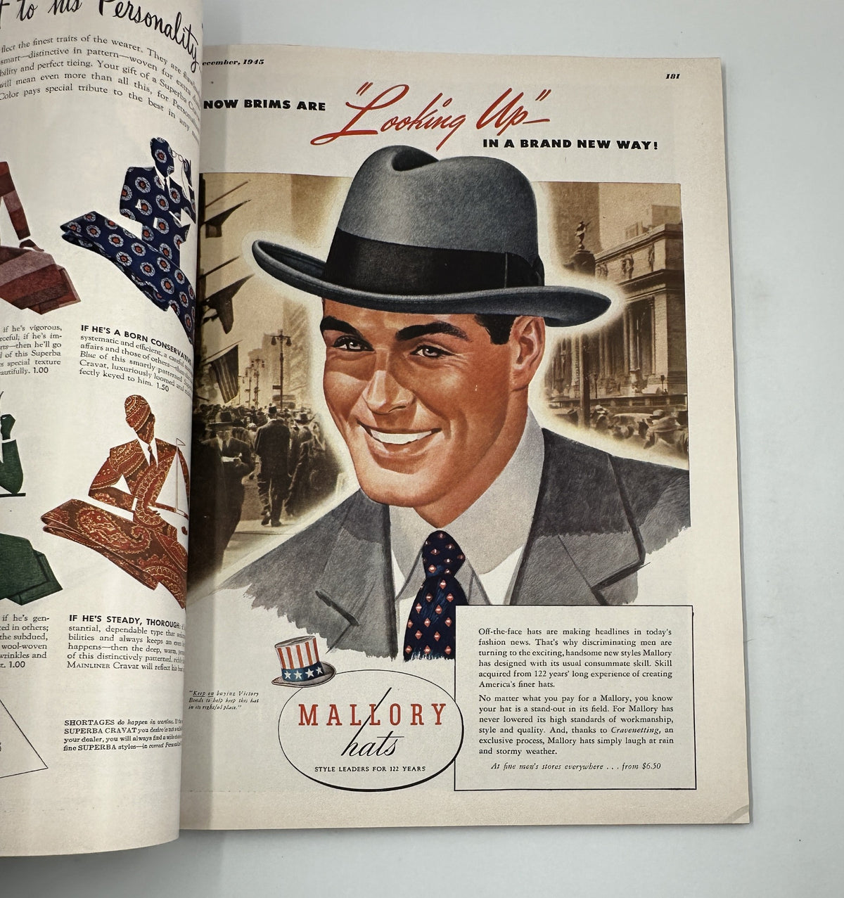 Esquire Magazine December 1945 showcasing an advertisement for Mallory hats, featuring a dapper man in a stylish hat, enhancing a sophisticated fashion statement.