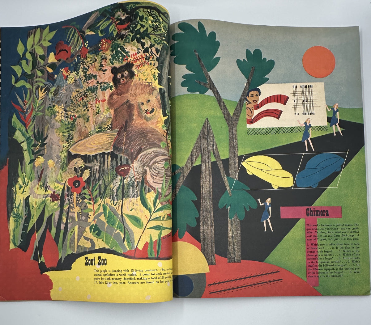 Esquire Magazine December 1945 colorful illustration featuring a whimsical zoot suit theme with playful animals and stylized human figures, representing artistic creativity.