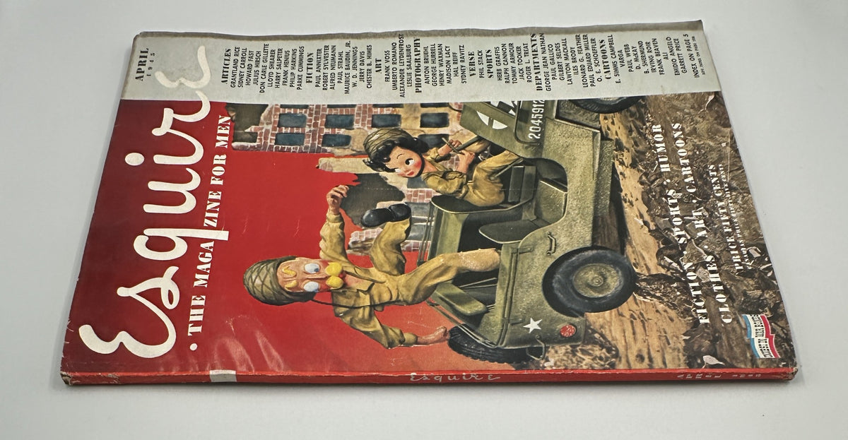 Back cover of Esquire Magazine April 1945, illustrating the same cartoon scene as the front cover, emphasizing details on the magazine's features and contributors.