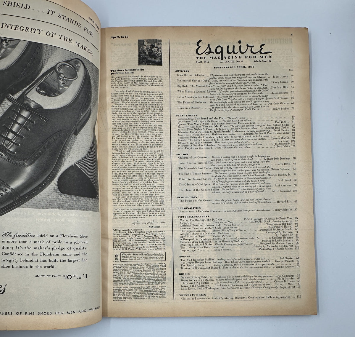 Interior page of Esquire Magazine April 1945 displaying an article, with a focus on stylish shoes and a commentary on fashion, maintaining the magazine's theme of men's lifestyle.
