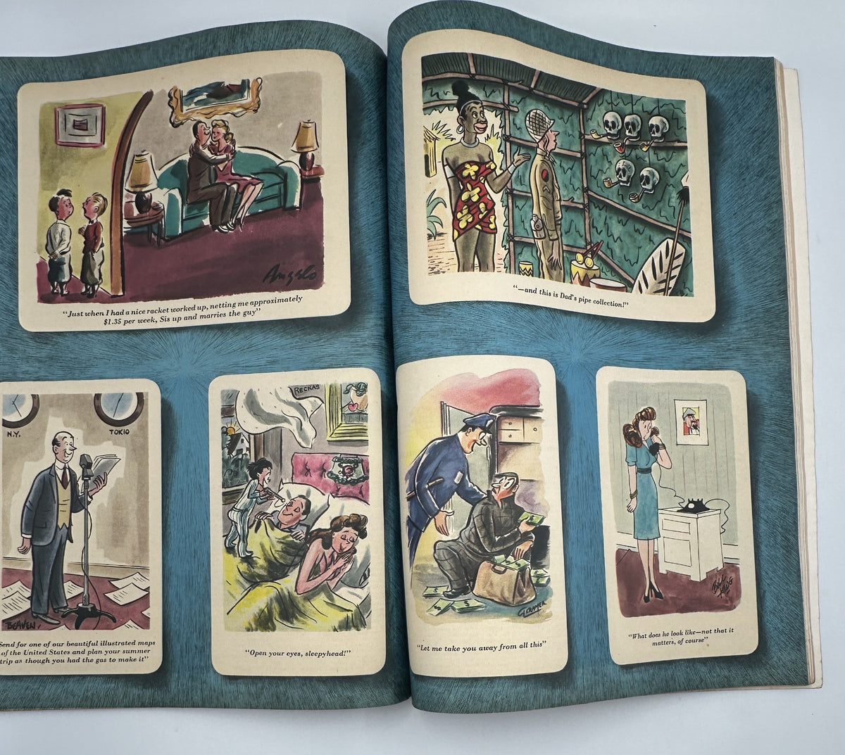 Illustrated comic strip page from Esquire Magazine April 1945, presenting diverse humorous scenes and anecdotes, adding a touch of wit to the magazine's content.